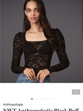 Anthropologie Black Sheer Lace Puff-Sleeve Top